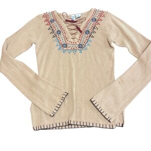 Vintage 90s SMUDGE Ramie Lace‎ Up Shirt Made in HK Beaded Turquoise Boho M